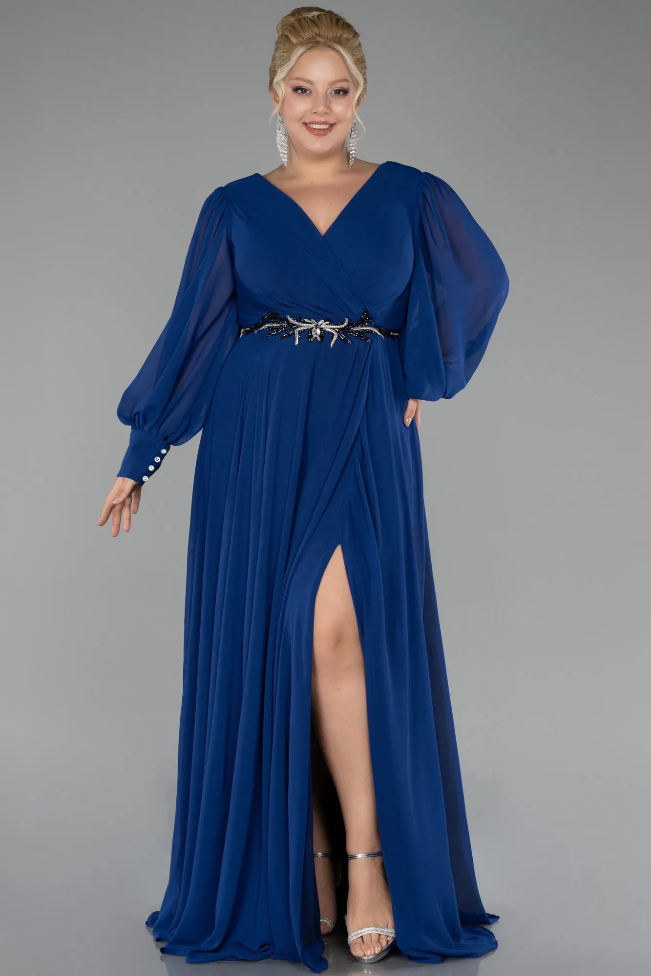 Sax Blue-Long Chiffon Plus Size Evening Dress ABU4262