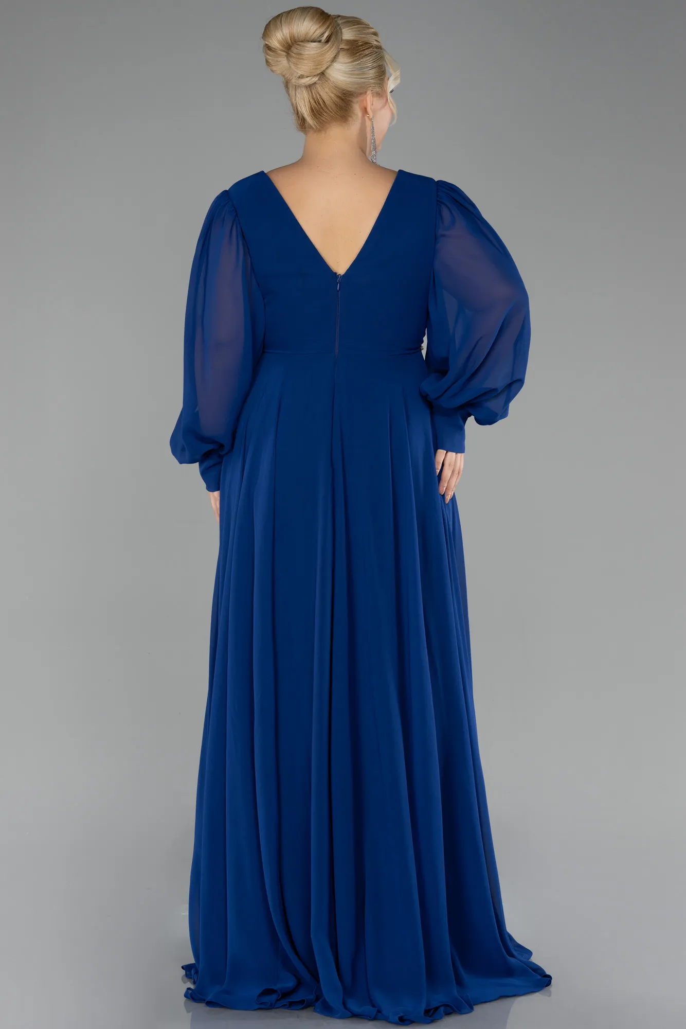 Sax Blue-Long Chiffon Plus Size Evening Dress ABU4262