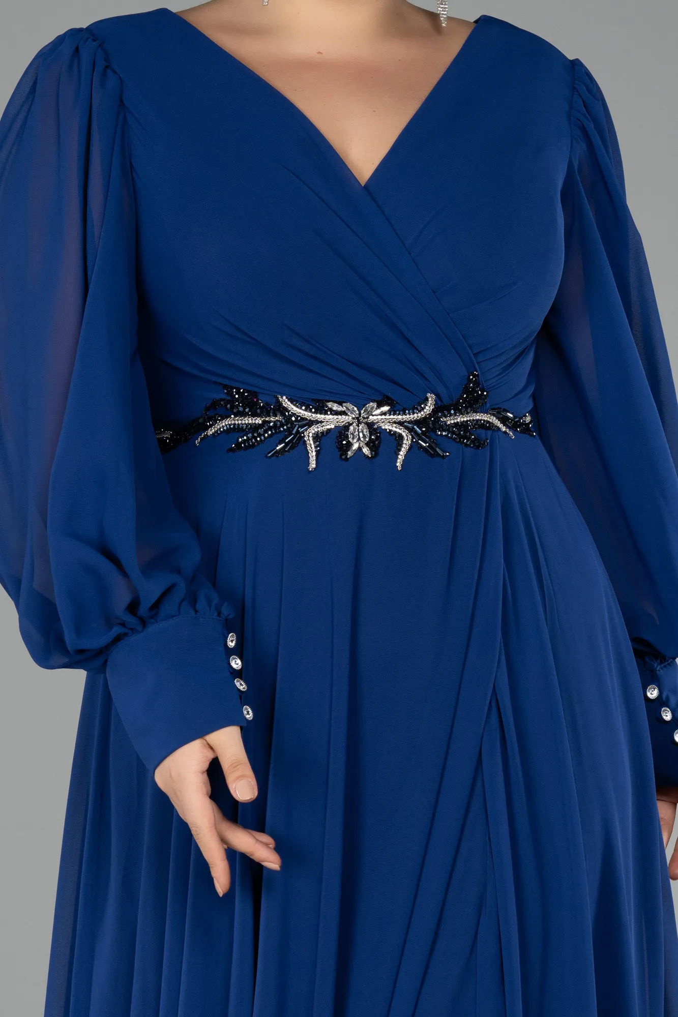 Sax Blue-Long Chiffon Plus Size Evening Dress ABU4262