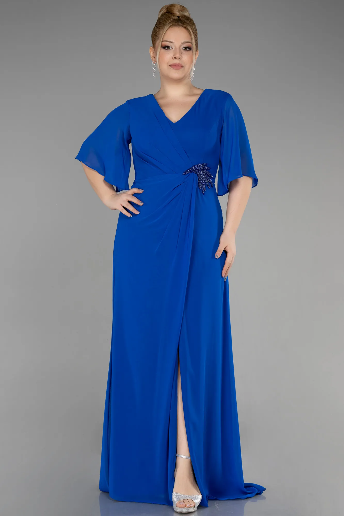 Sax Blue-Long Chiffon Plus Size Evening Gown ABU3592