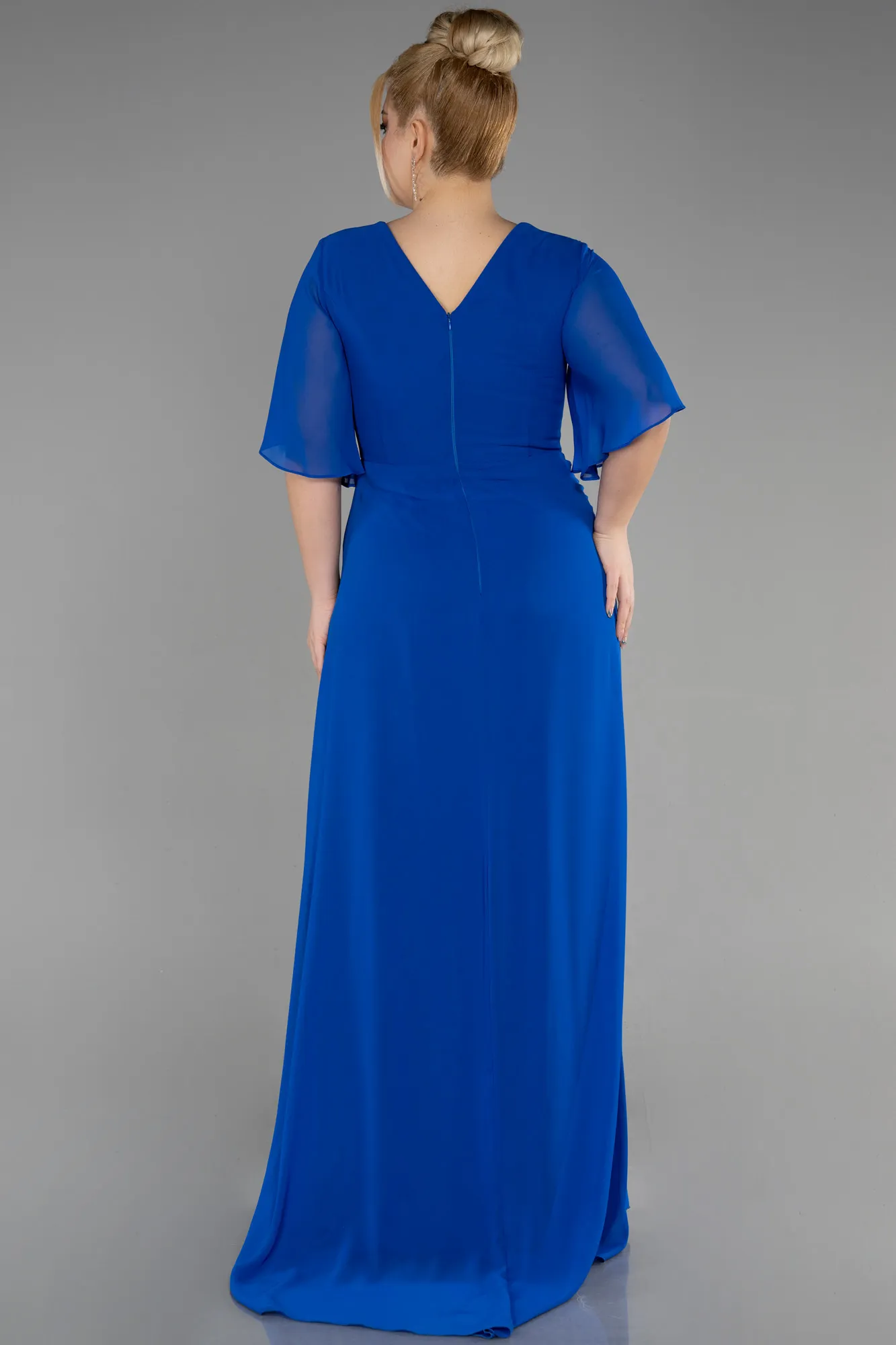 Sax Blue-Long Chiffon Plus Size Evening Gown ABU3592