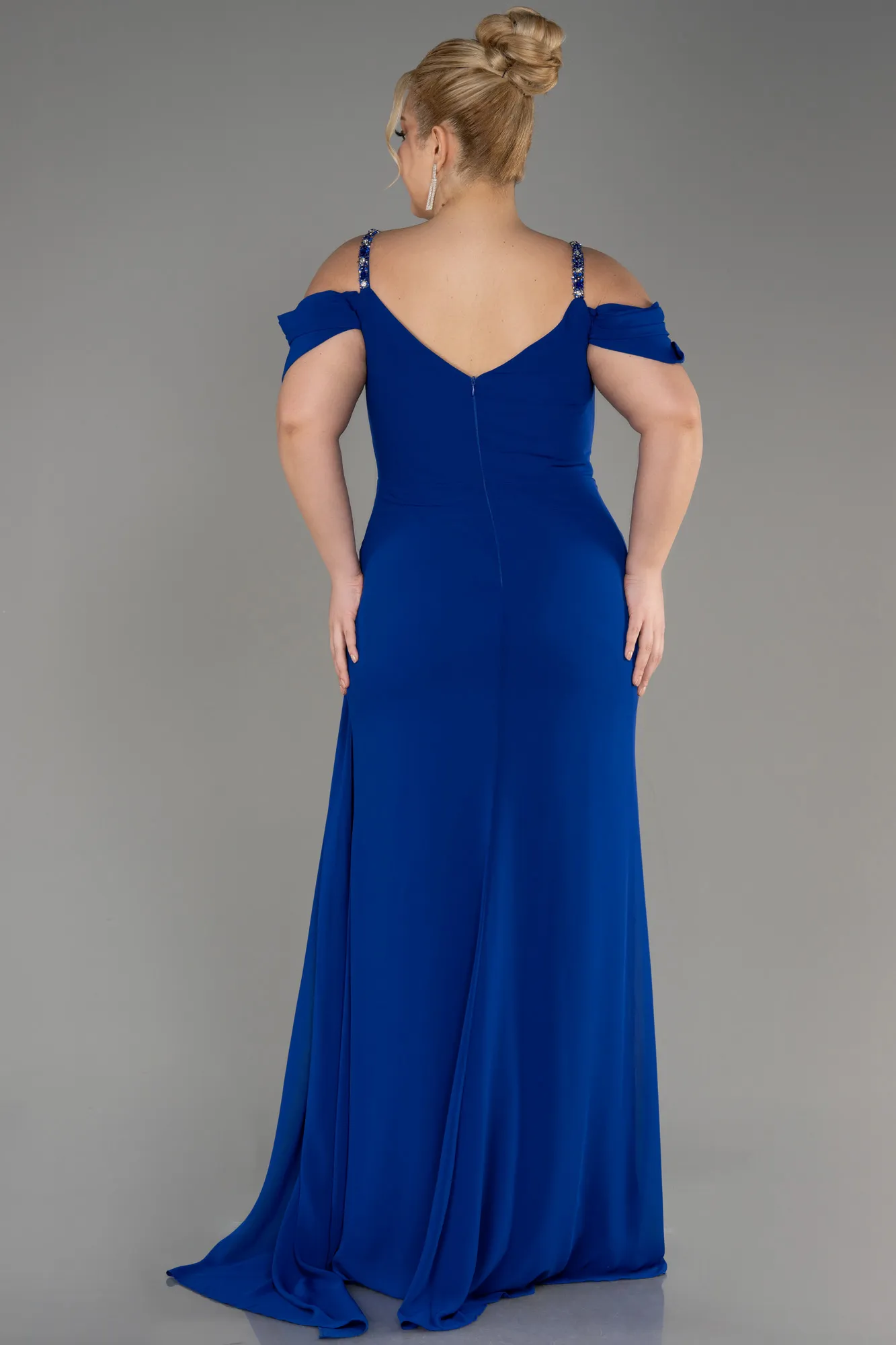 Sax Blue-Long Chiffon Plus Size Evening Gown ABU3742