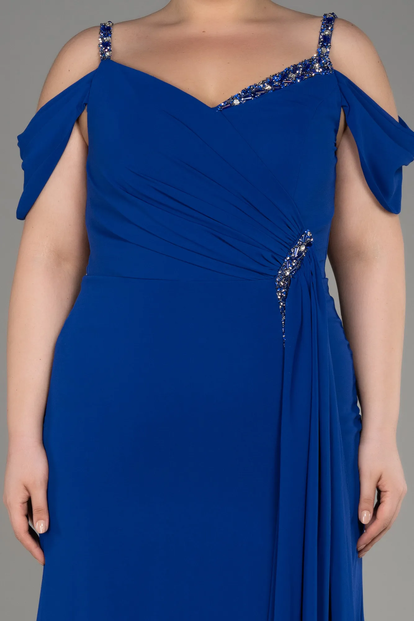 Sax Blue-Long Chiffon Plus Size Evening Gown ABU3742