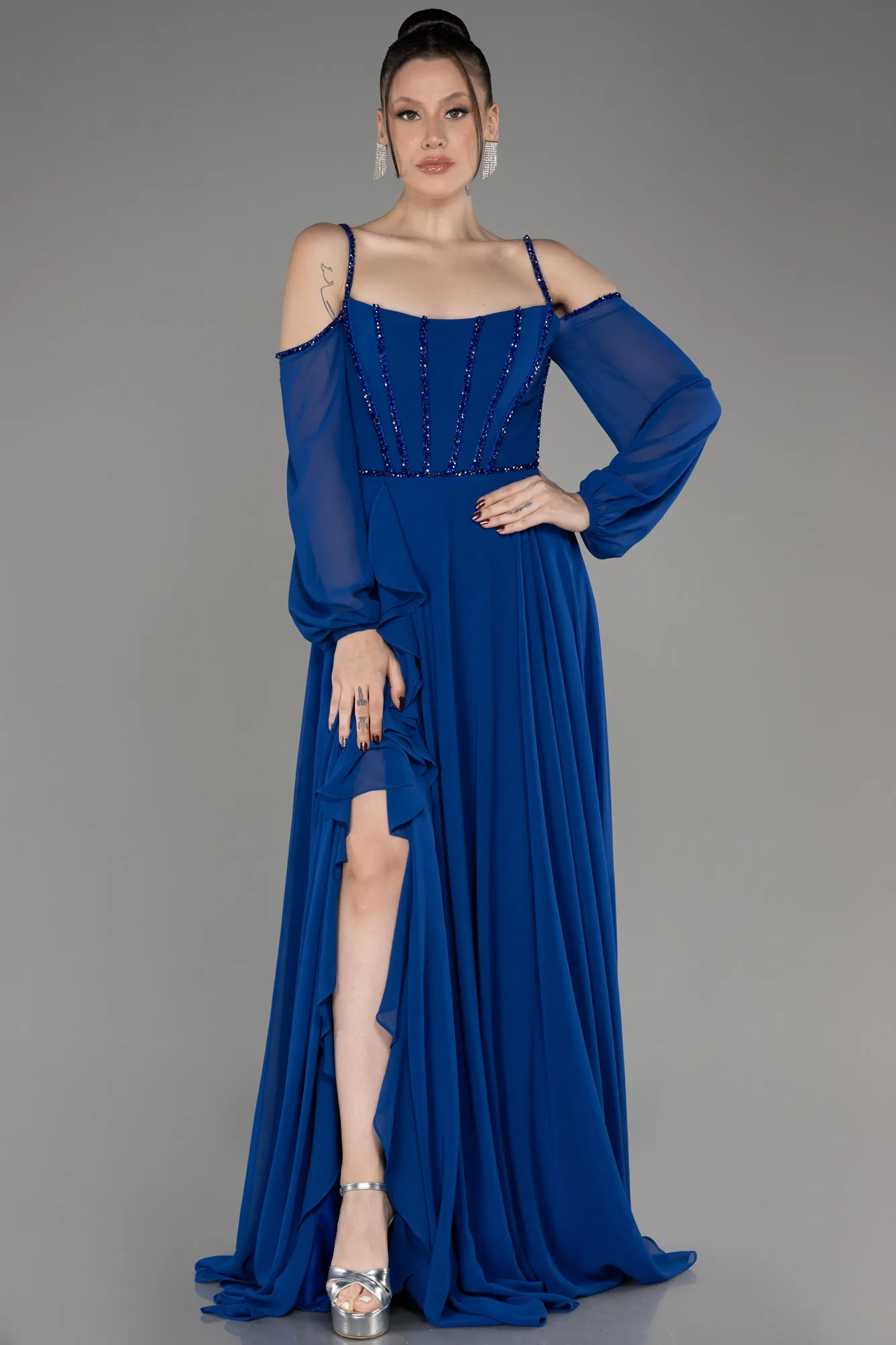 Sax Blue-Long Chiffon Slit Evening Dress ABU3914