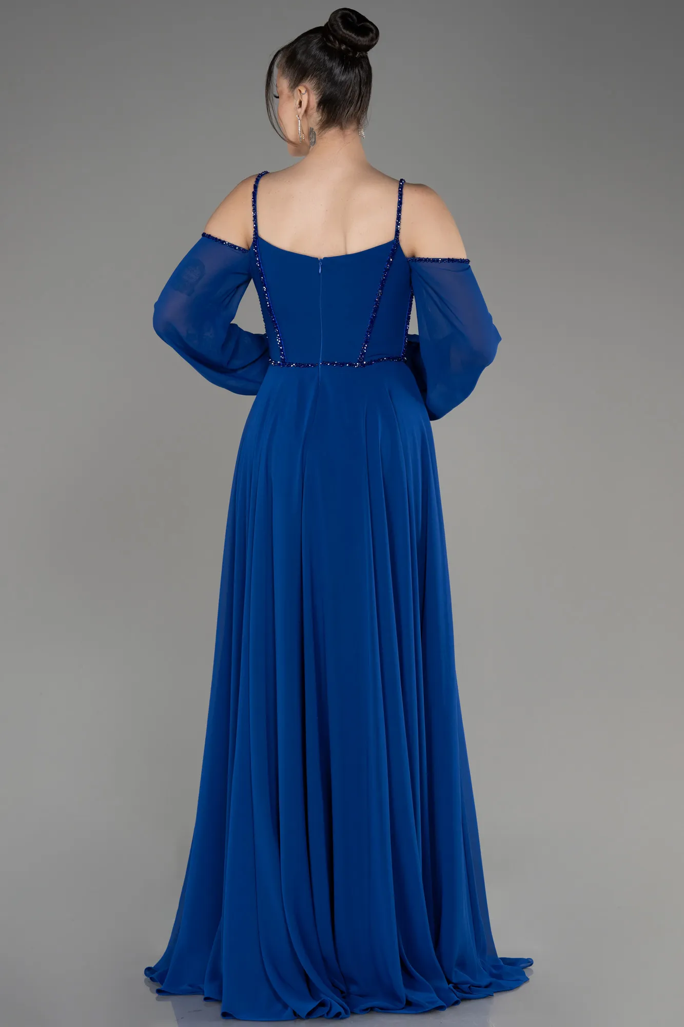 Sax Blue-Long Chiffon Slit Evening Dress ABU3914