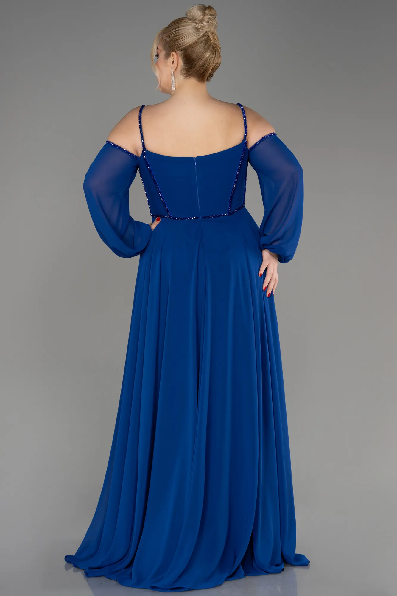 Sax Blue-Long Chiffon Slit Evening Dress ABU3915