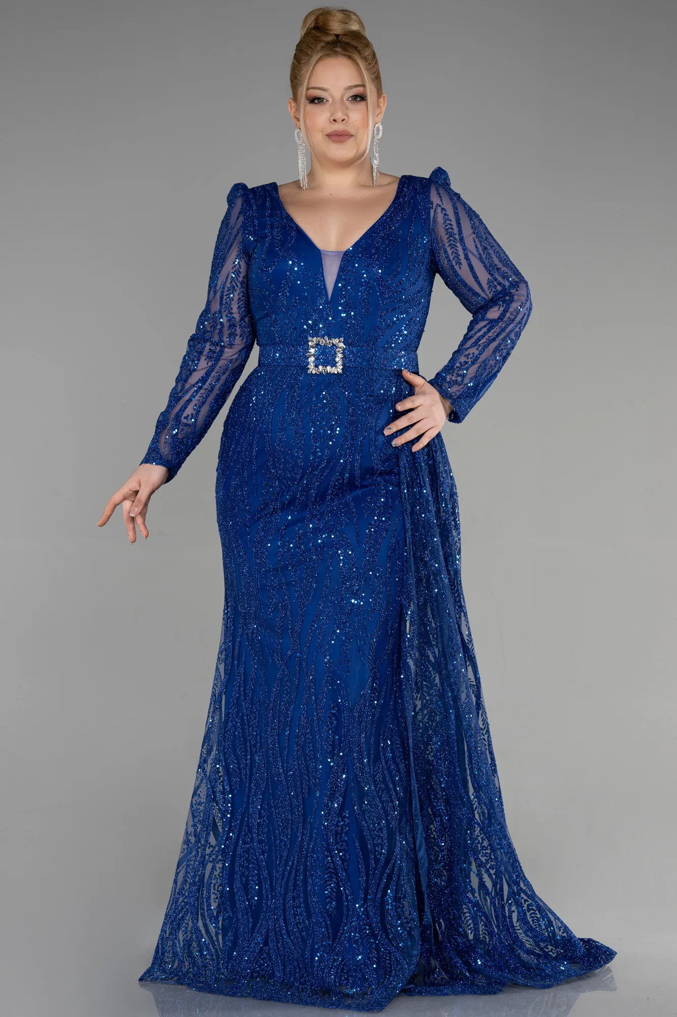Sax Blue-Long Plus Size Engagement Dress ABU3562