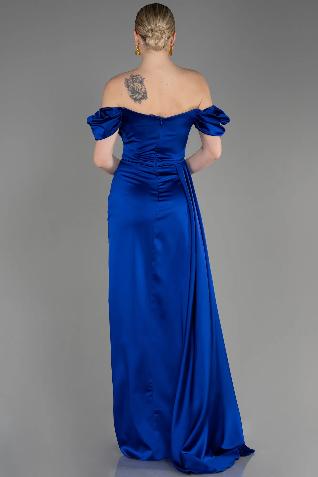 Sax Blue-Long Satin Engagement Dress ABU1606