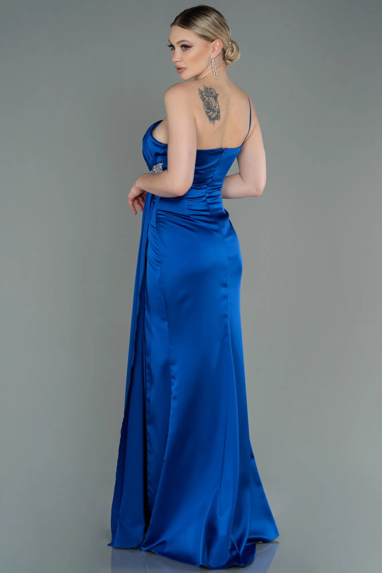 Sax Blue-Long Satin Engagement Dress ABU3088