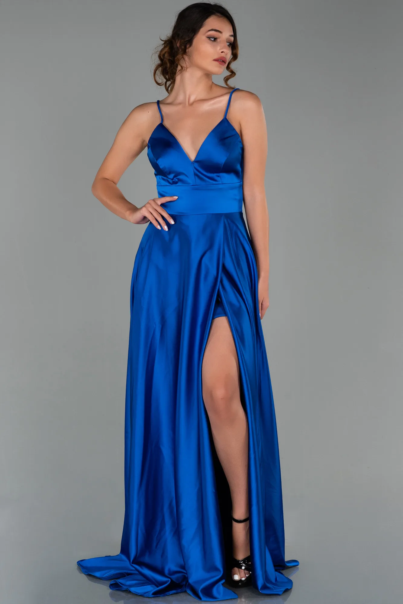 Sax Blue-Long Satin Evening Dress ABU1458