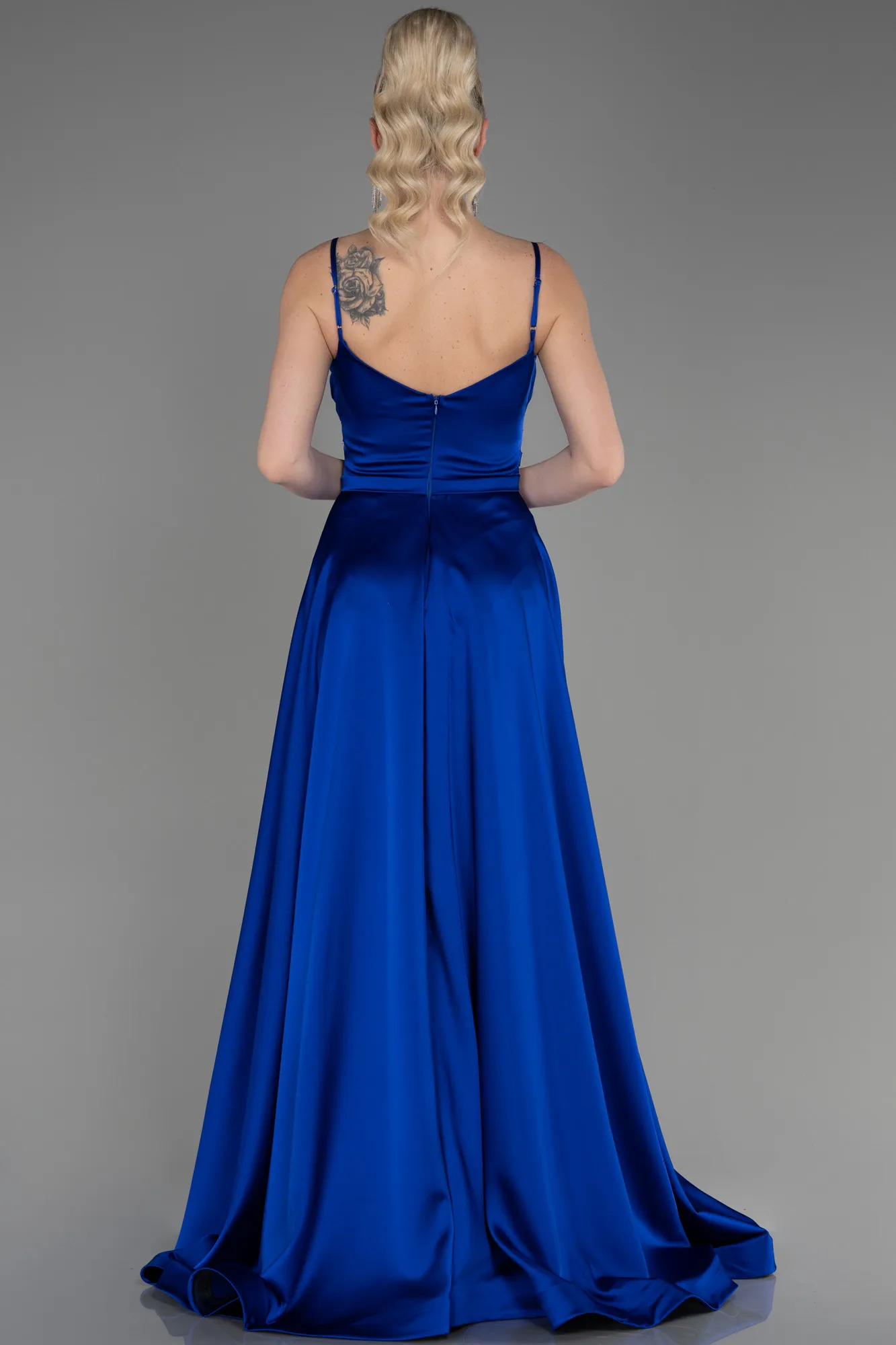 Sax Blue-Long Satin Evening Dress ABU1601