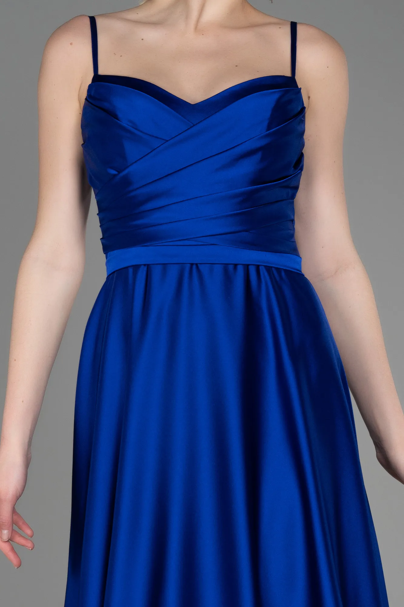 Sax Blue-Long Satin Evening Dress ABU1601
