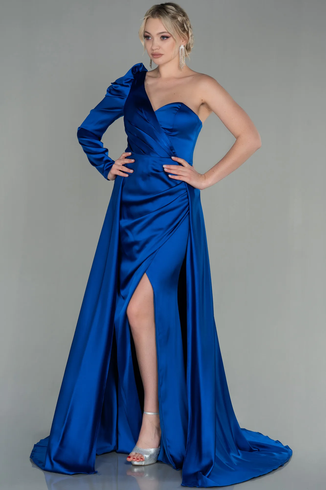 Sax Blue-Long Satin Evening Dress ABU1715