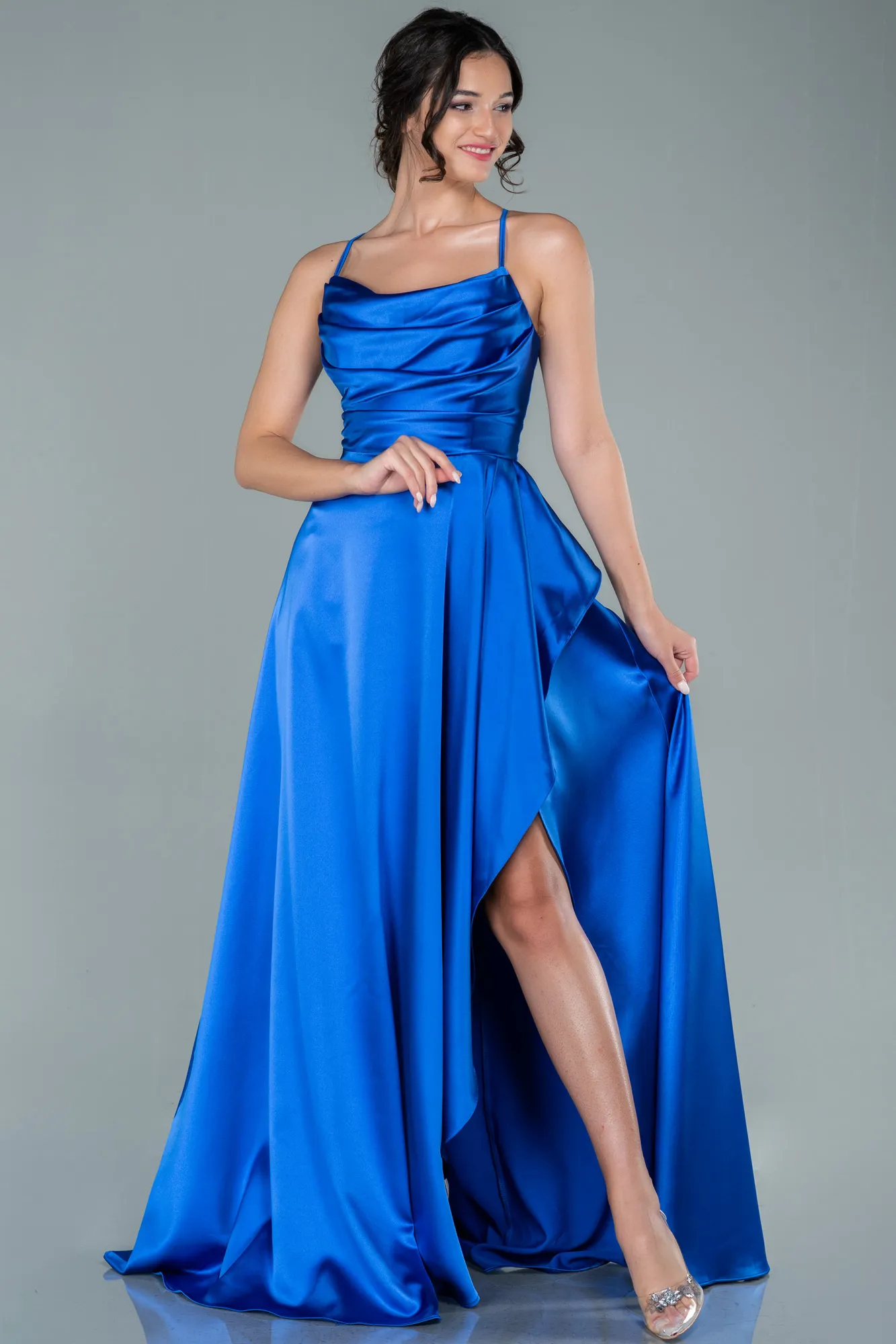 Sax Blue-Long Satin Evening Dress ABU1843