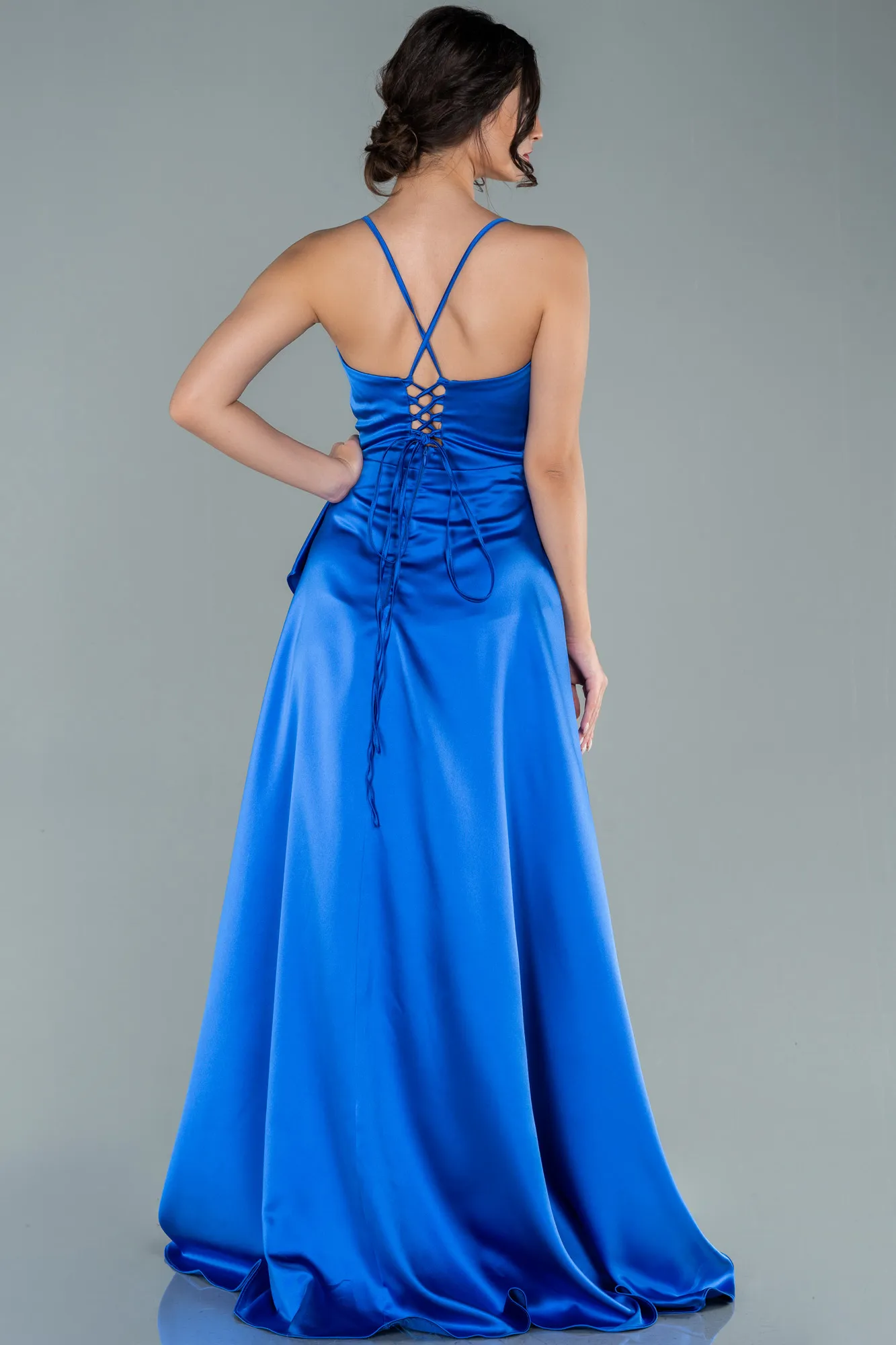 Sax Blue-Long Satin Evening Dress ABU1843