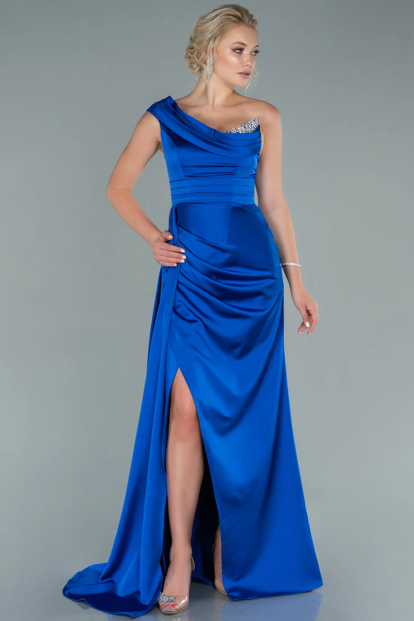 Sax Blue-Long Satin Evening Dress ABU2114