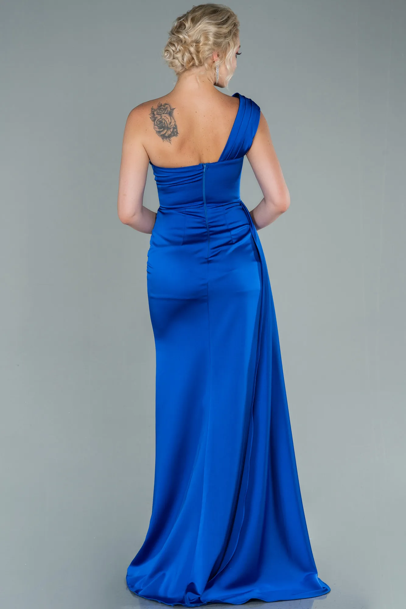 Sax Blue-Long Satin Evening Dress ABU2114
