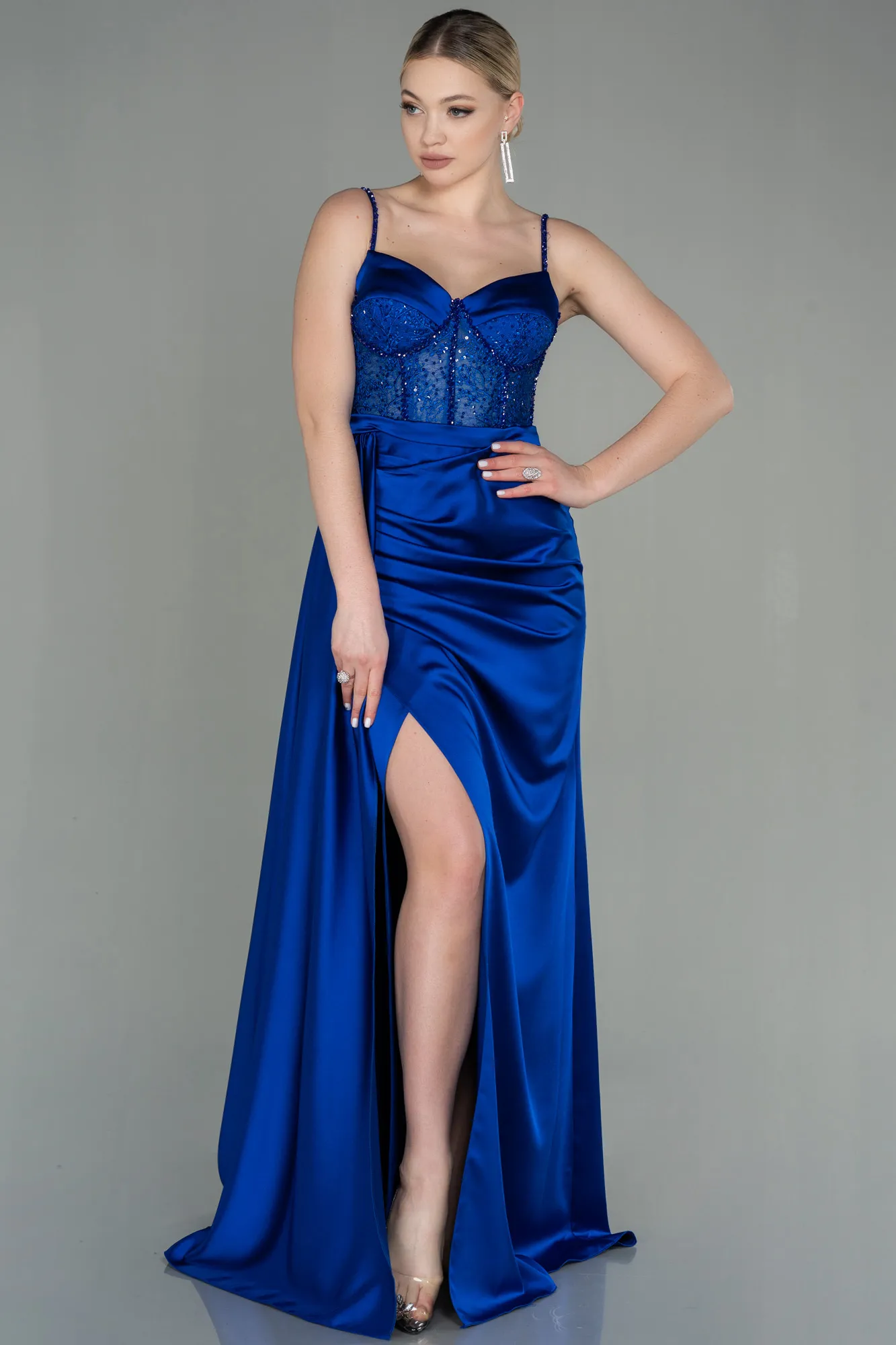 Sax Blue-Long Satin Evening Dress ABU2130