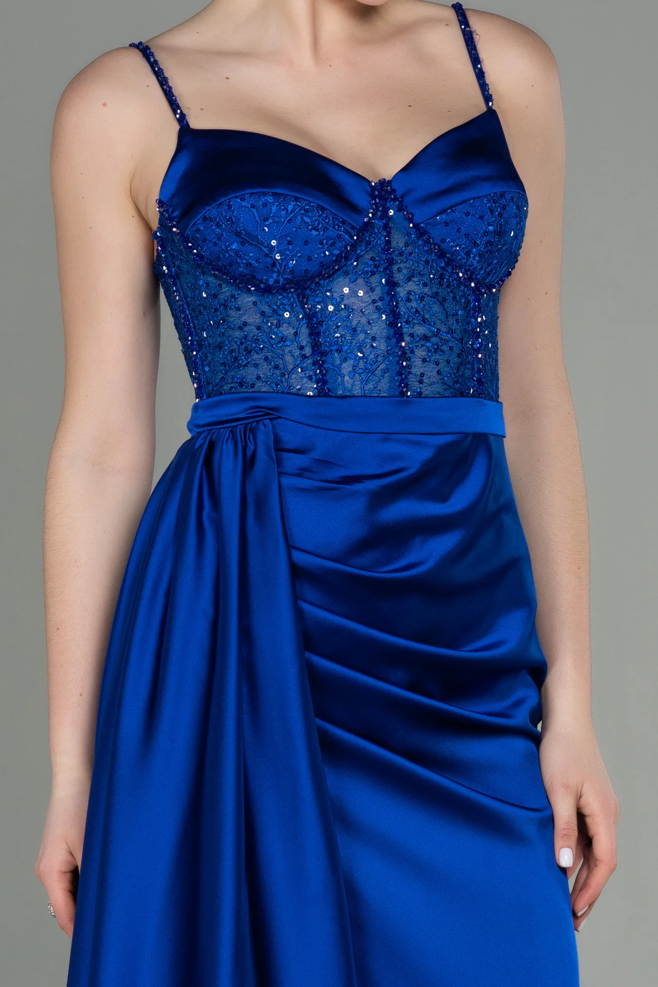 Sax Blue-Long Satin Evening Dress ABU2130