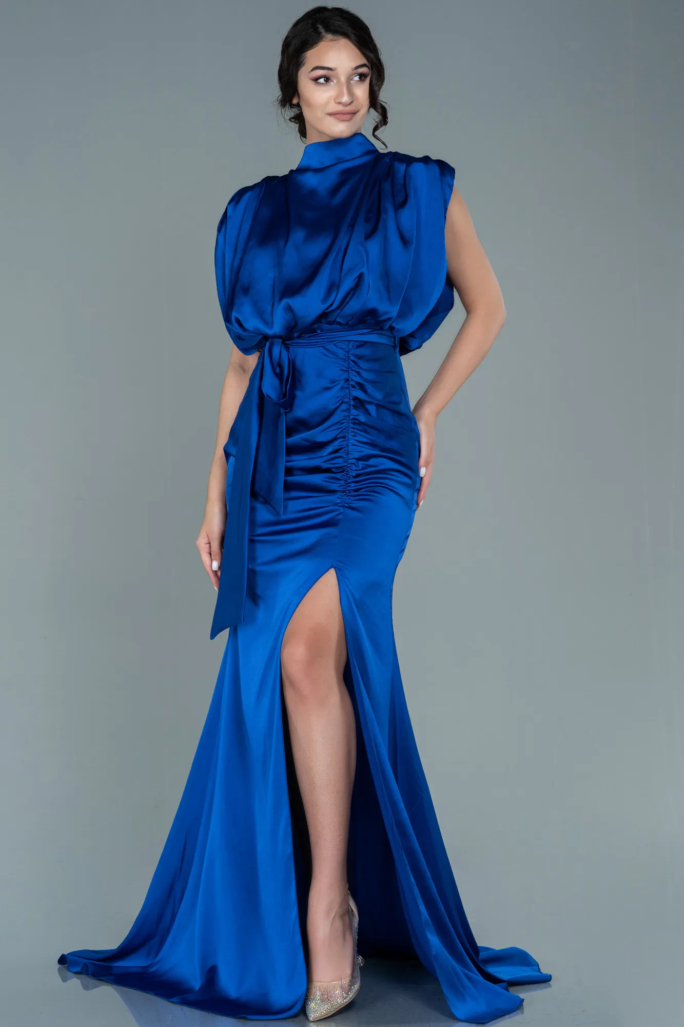 Sax Blue-Long Satin Evening Dress ABU2133