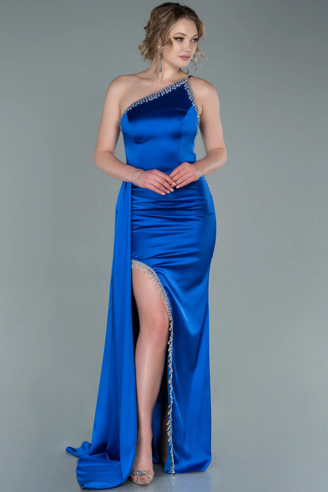 Sax Blue-Long Satin Evening Dress ABU2386