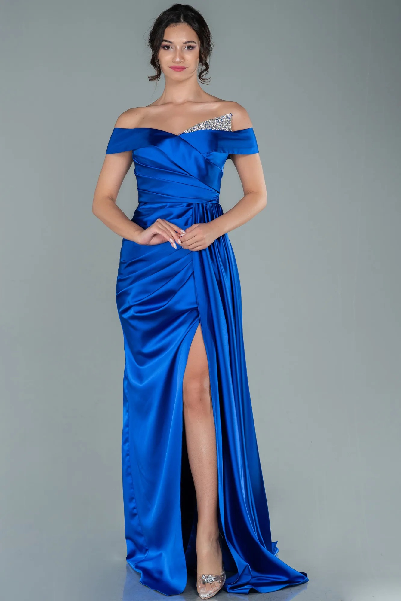 Sax Blue-Long Satin Evening Dress ABU2560