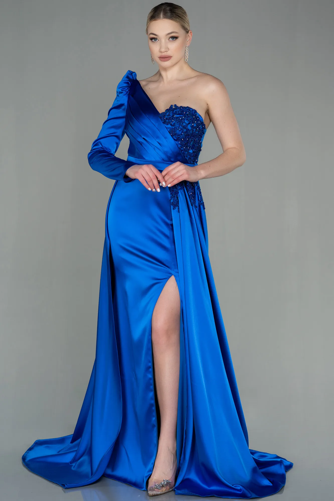 Sax Blue-Long Satin Evening Dress ABU2610