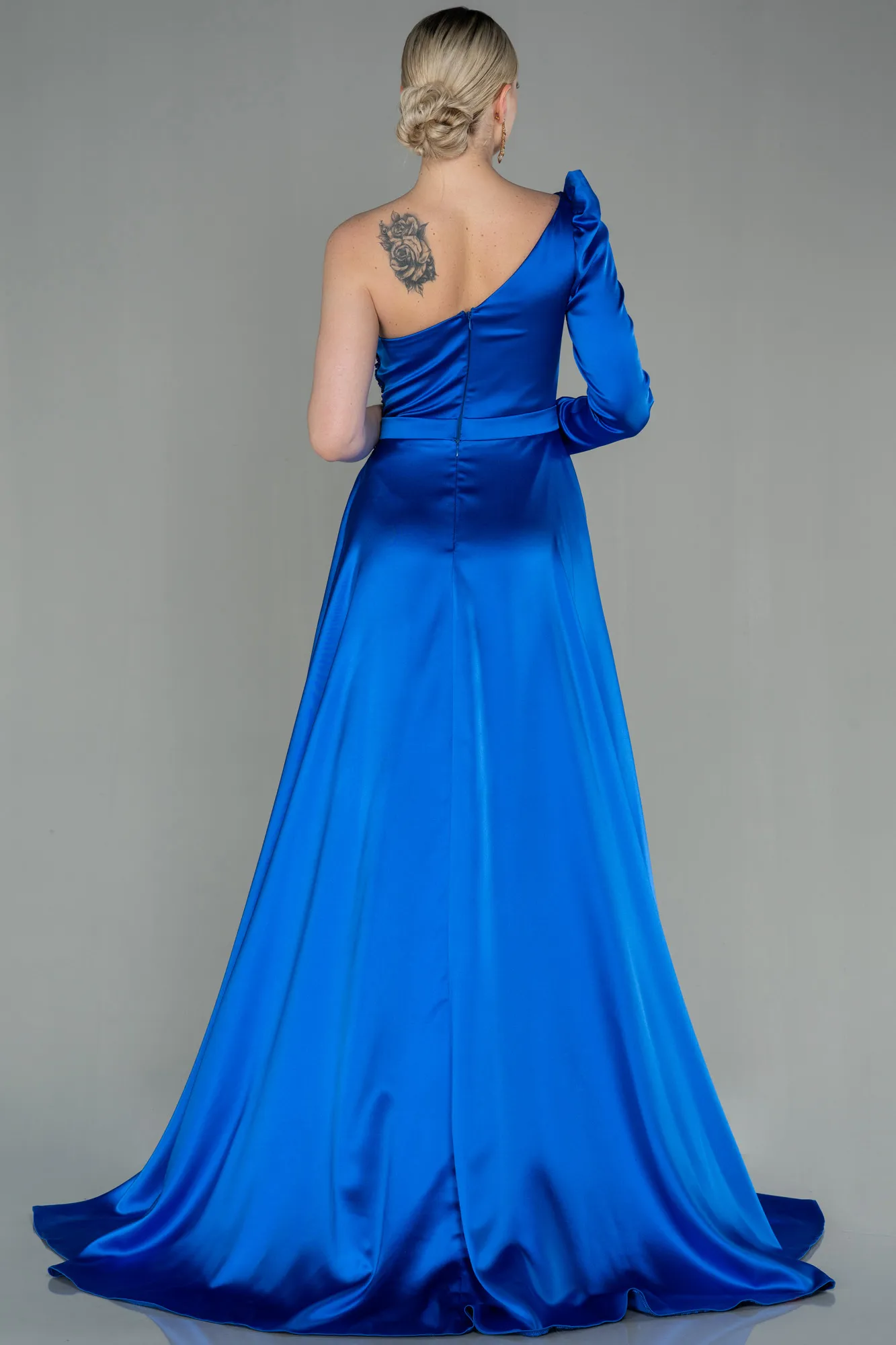 Sax Blue-Long Satin Evening Dress ABU2610