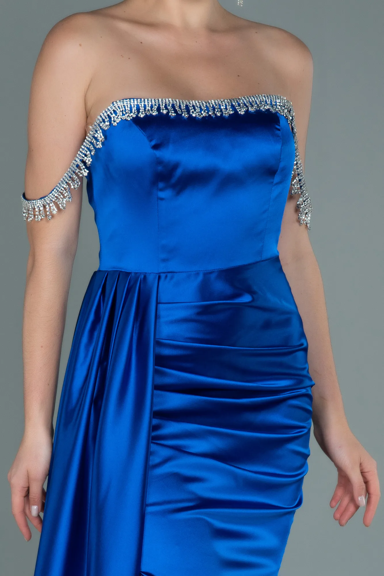 Sax Blue-Long Satin Evening Dress ABU2618