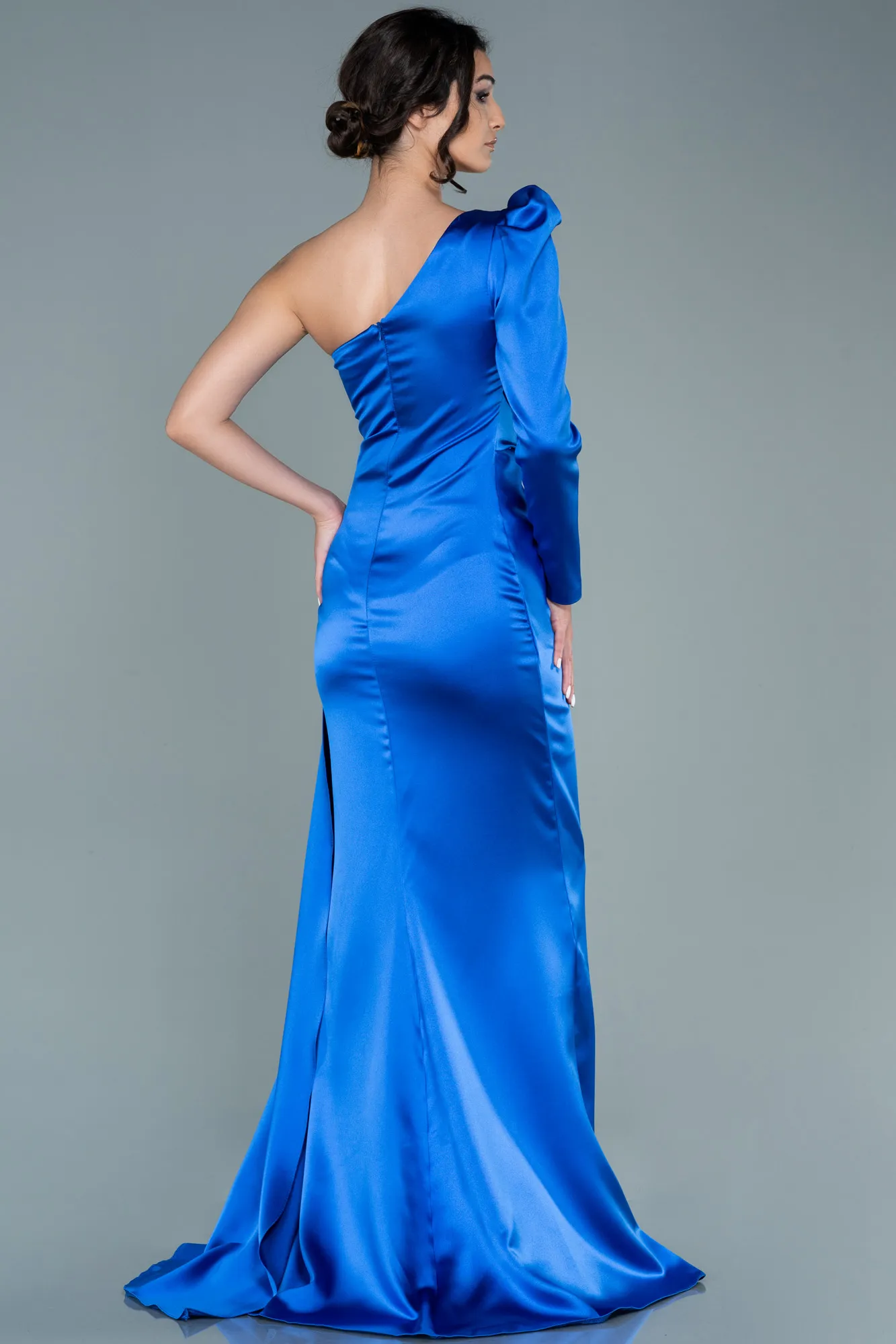 Sax Blue-Long Satin Evening Dress ABU2676