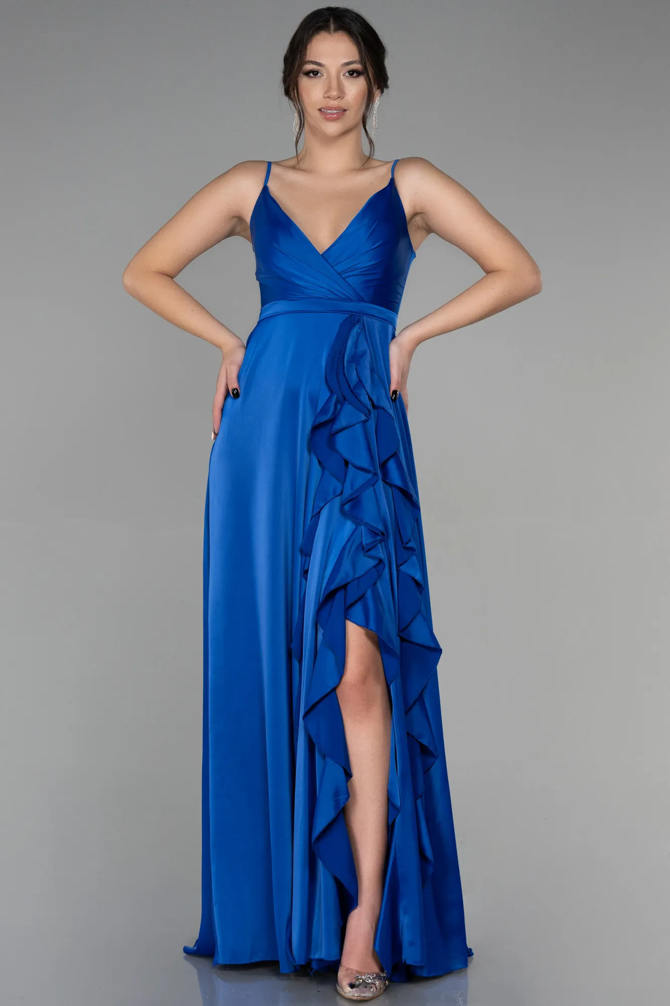 Sax Blue-Long Satin Evening Dress ABU2722