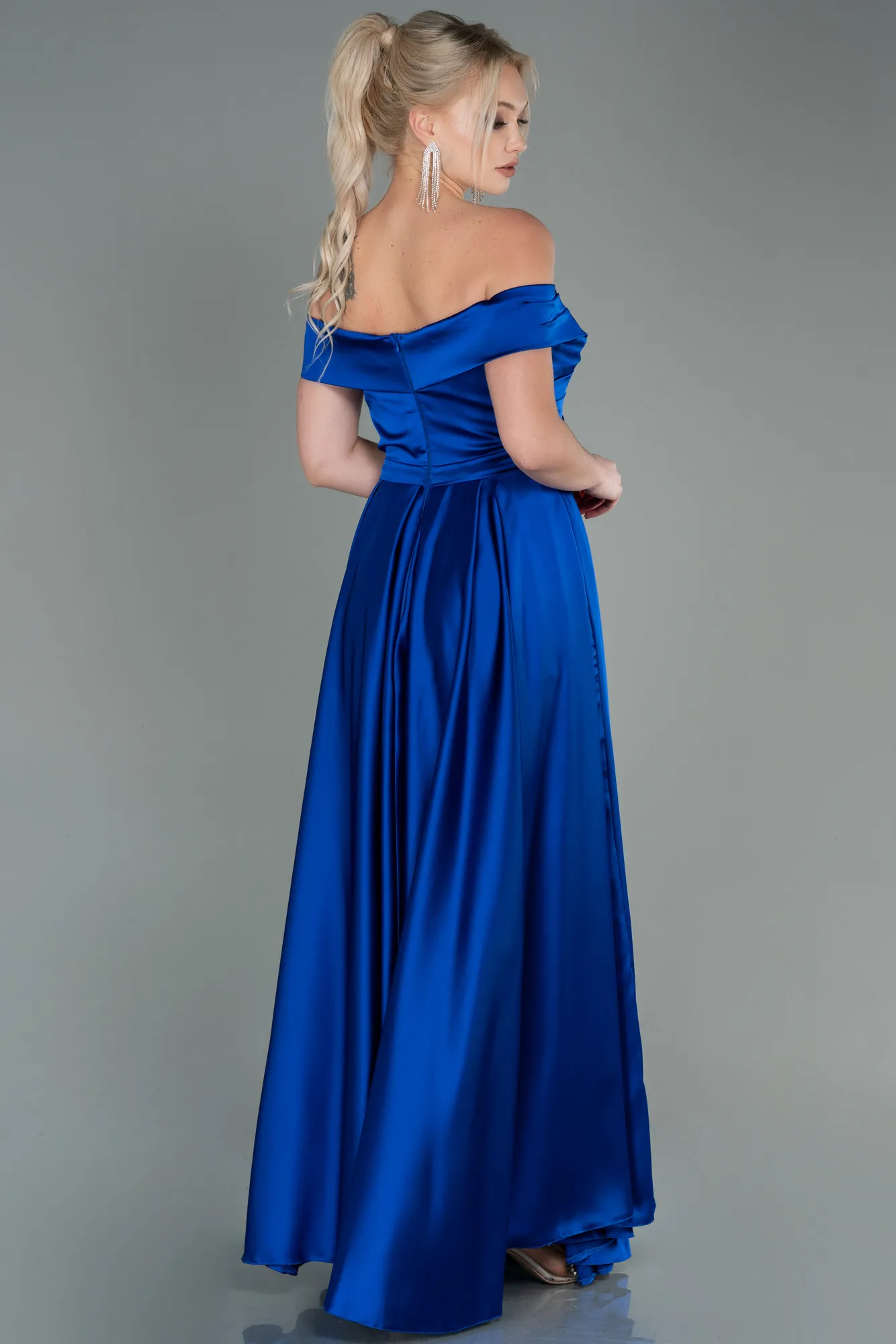 Sax Blue-Long Satin Evening Dress ABU2750