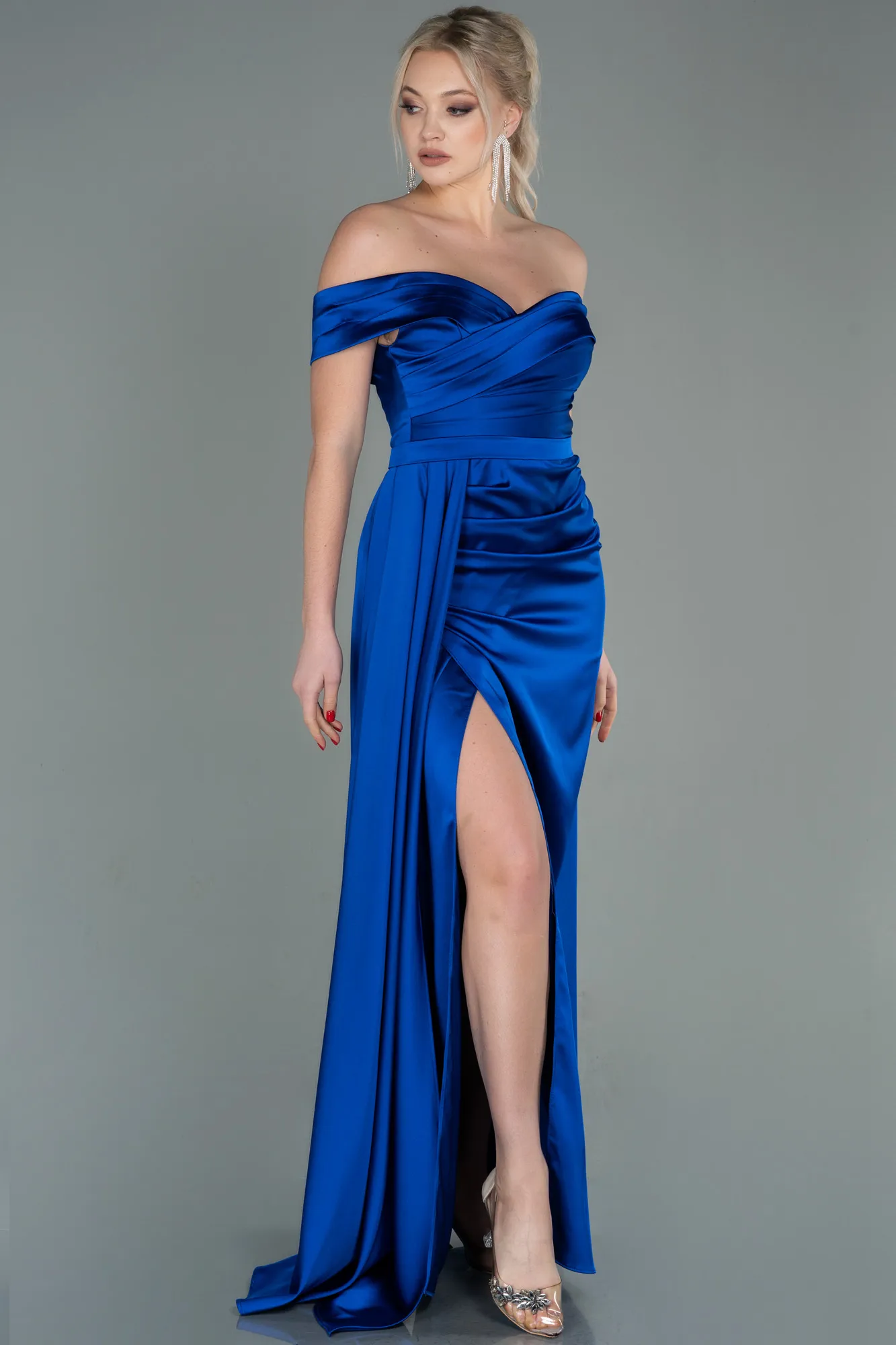 Sax Blue-Long Satin Evening Dress ABU2751