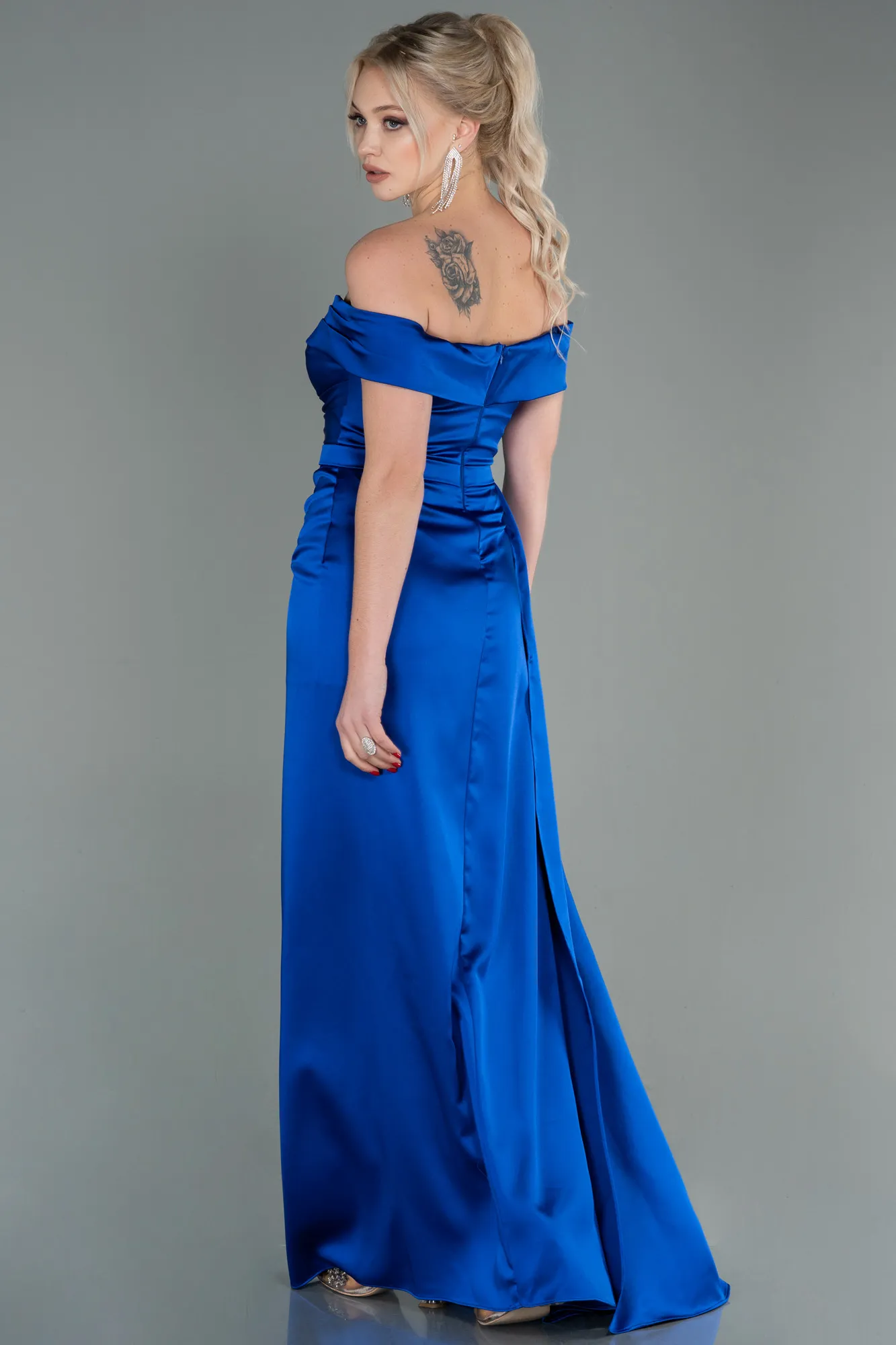 Sax Blue-Long Satin Evening Dress ABU2751