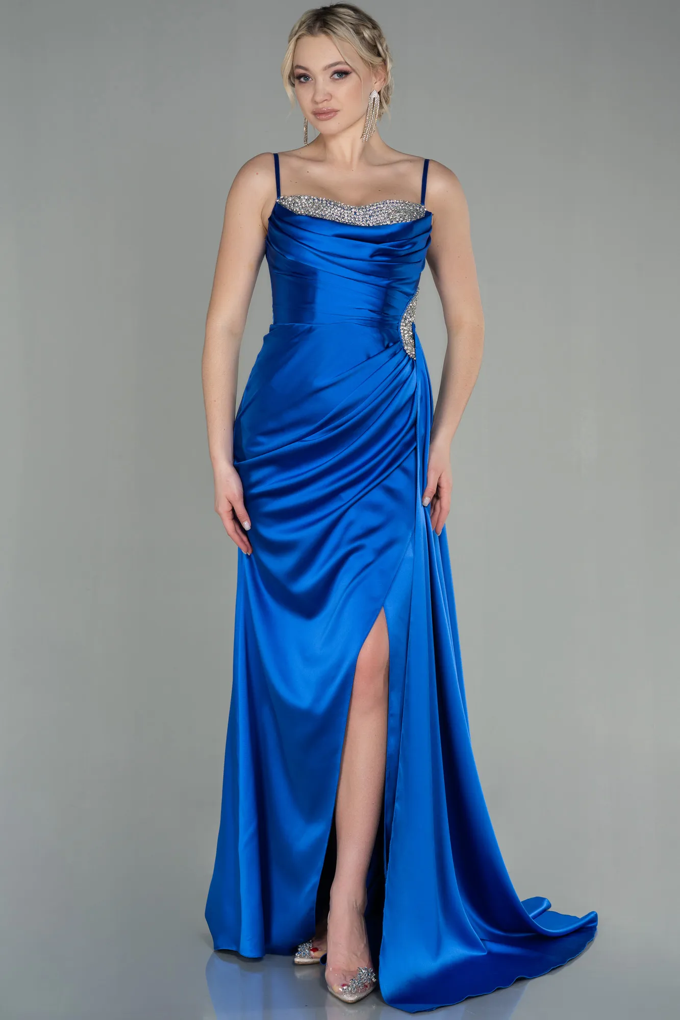 Sax Blue-Long Satin Evening Dress ABU2792