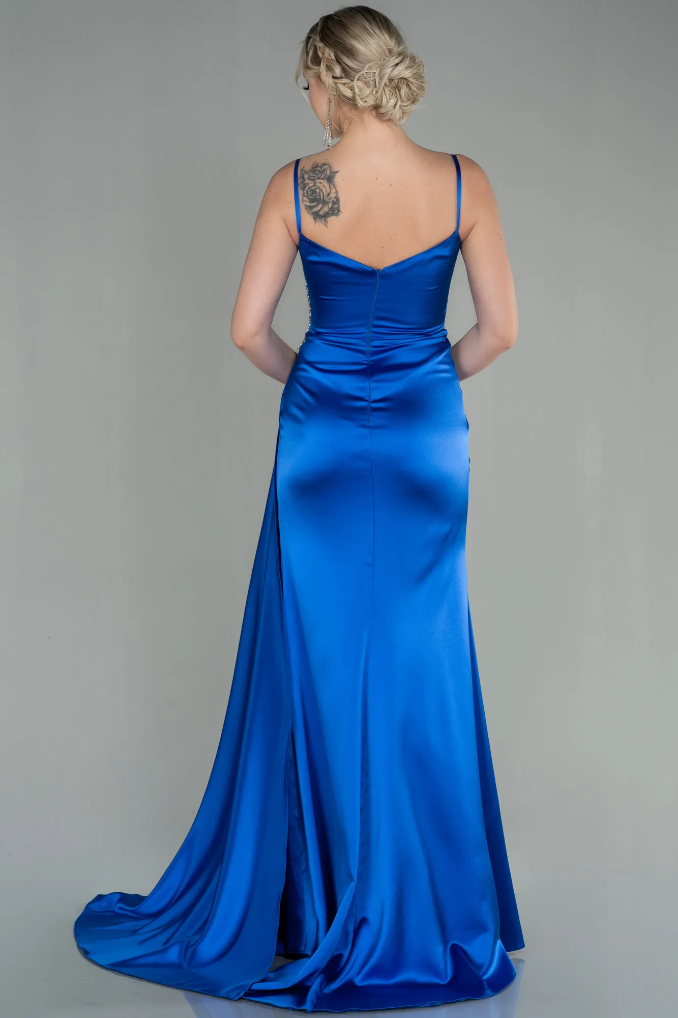 Sax Blue-Long Satin Evening Dress ABU2792