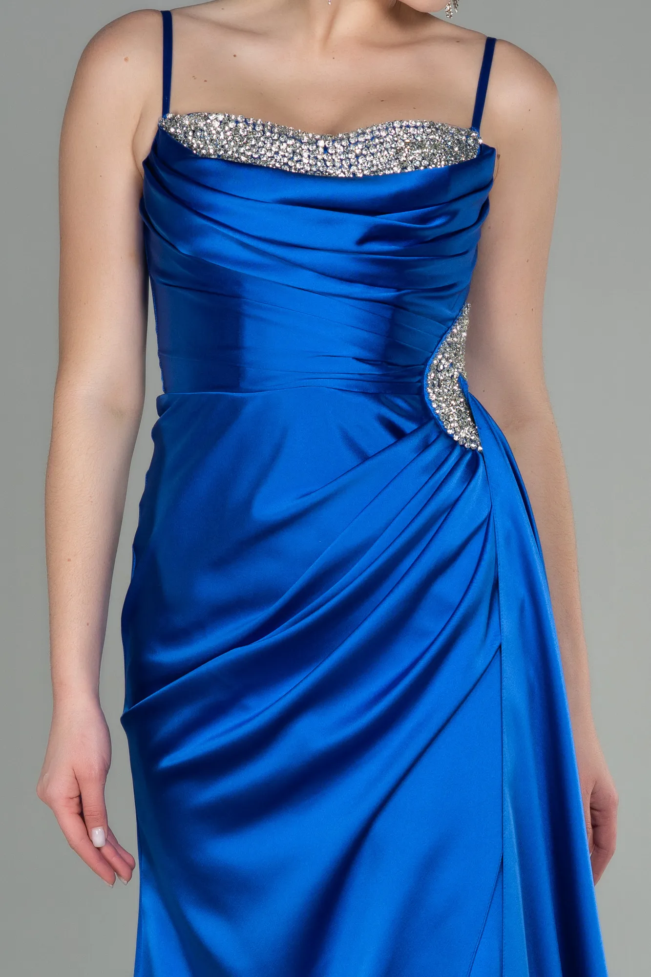 Sax Blue-Long Satin Evening Dress ABU2792