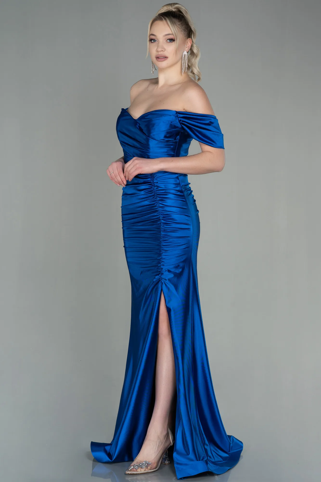 Sax Blue-Long Satin Evening Dress ABU2814