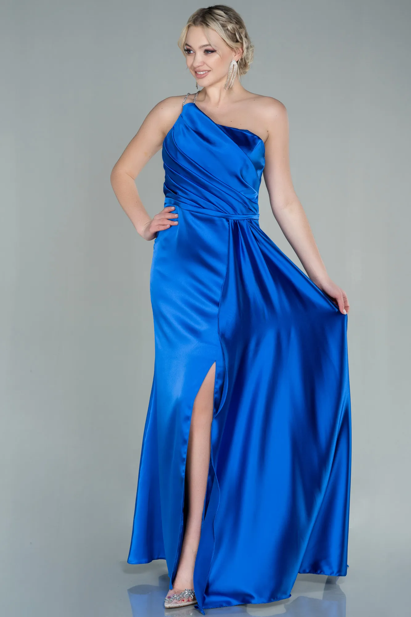 Sax Blue-Long Satin Evening Dress ABU2817