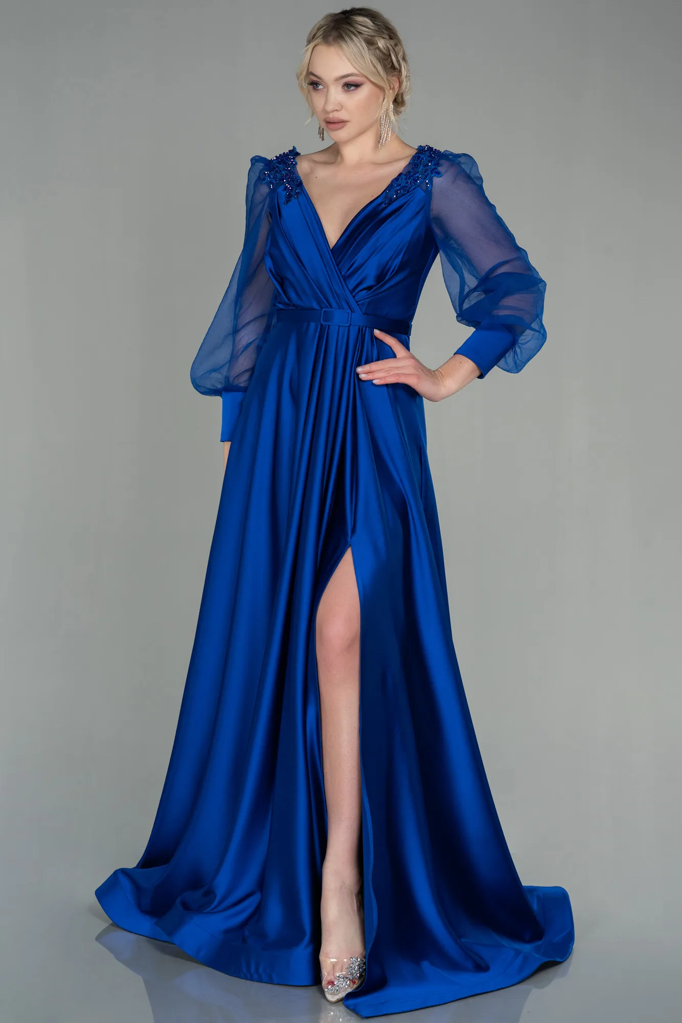 Sax Blue-Long Satin Evening Dress ABU2830