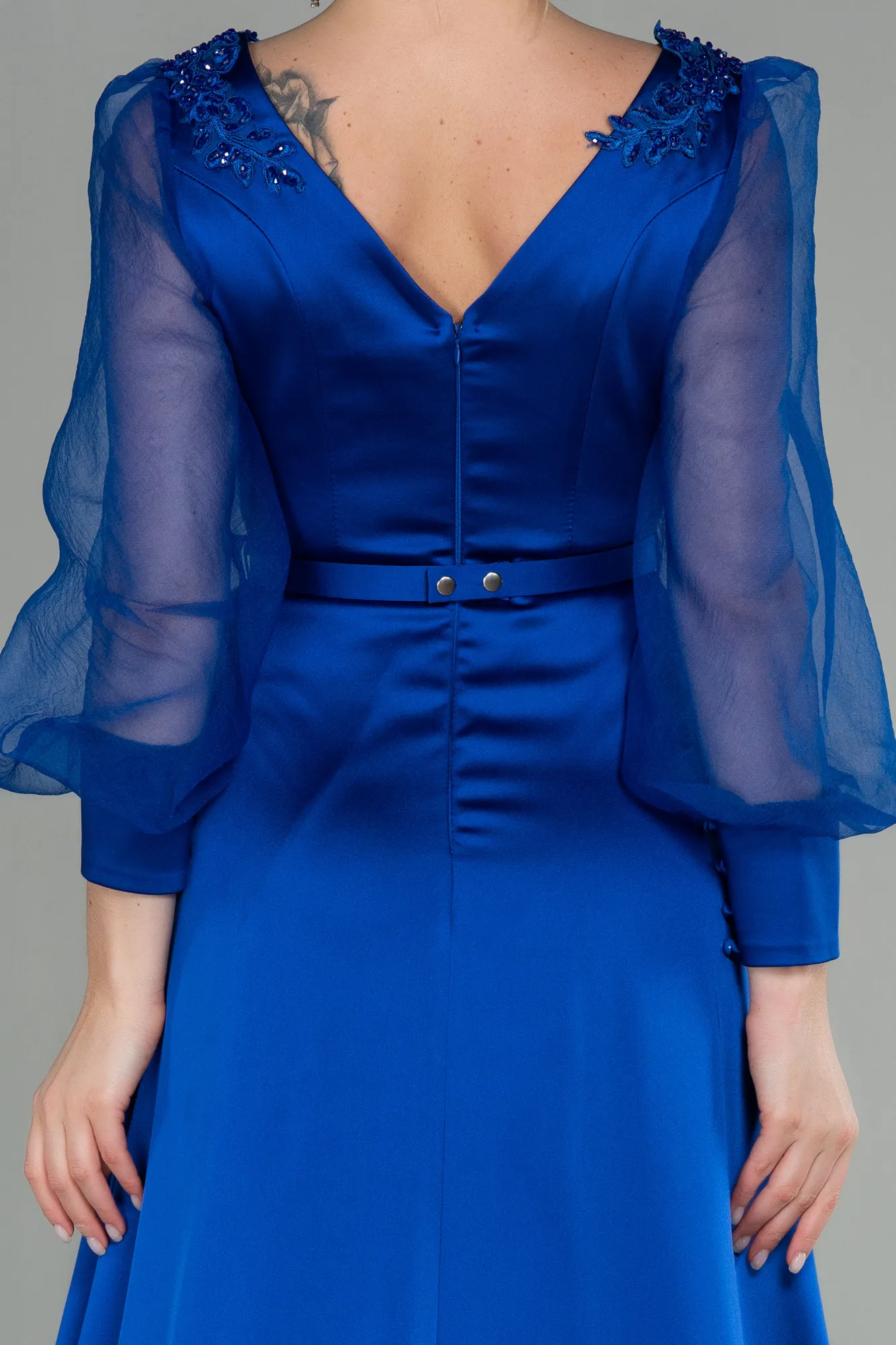 Sax Blue-Long Satin Evening Dress ABU2830