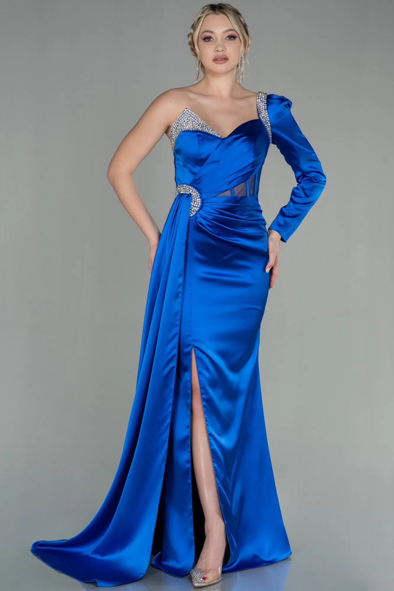 Sax Blue-Long Satin Evening Dress ABU2831