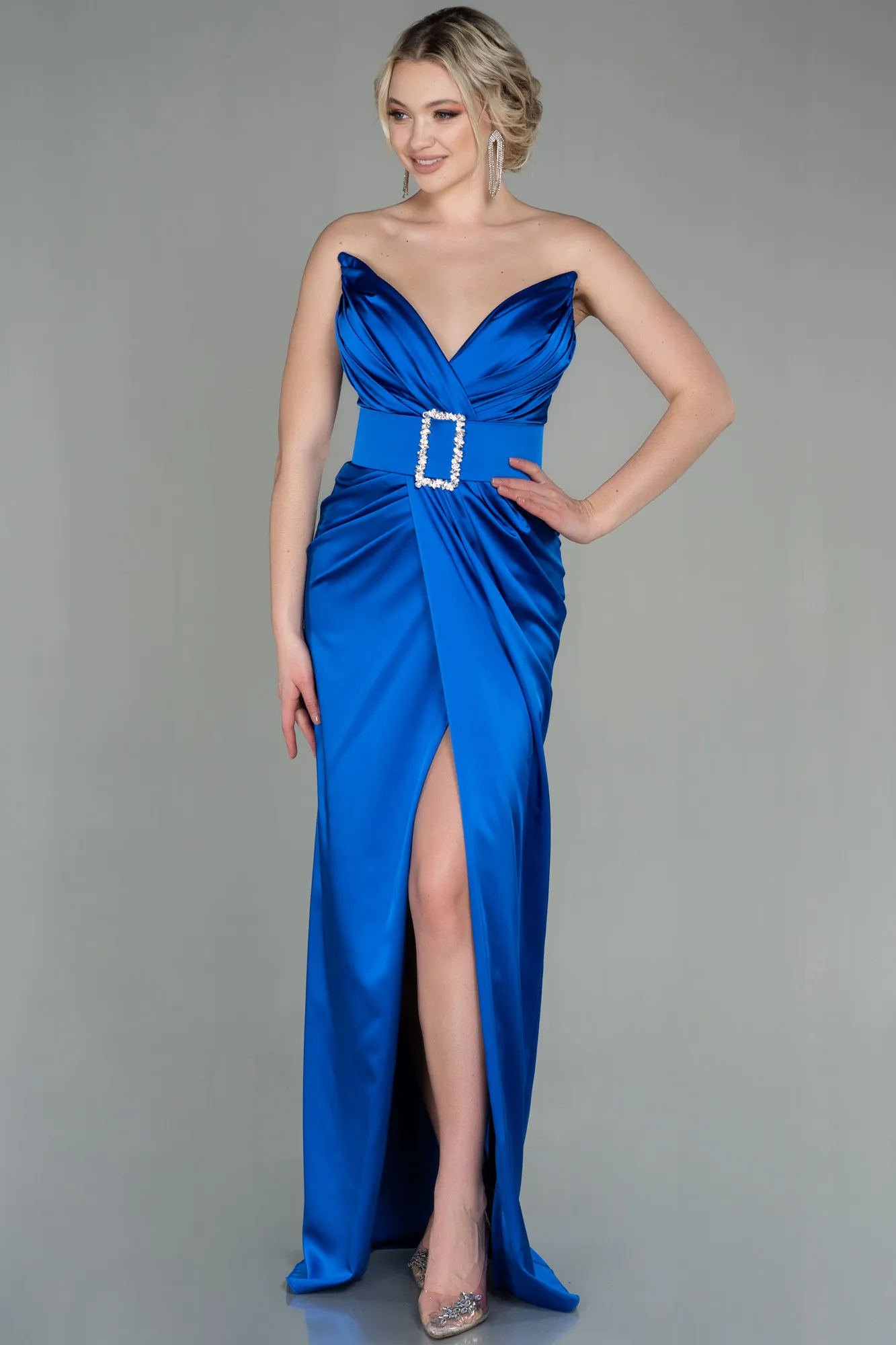 Sax Blue-Long Satin Evening Dress ABU2844