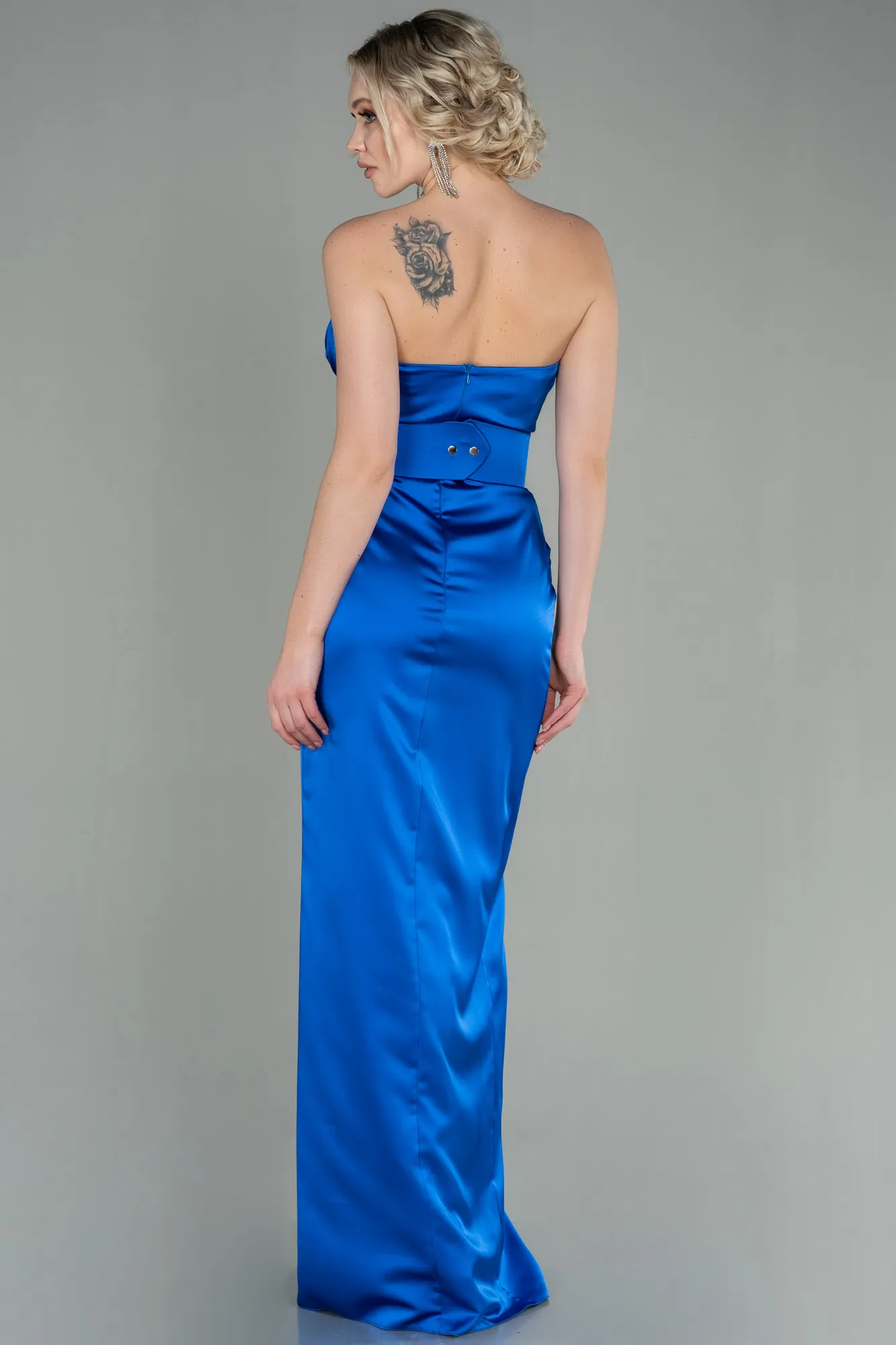 Sax Blue-Long Satin Evening Dress ABU2844