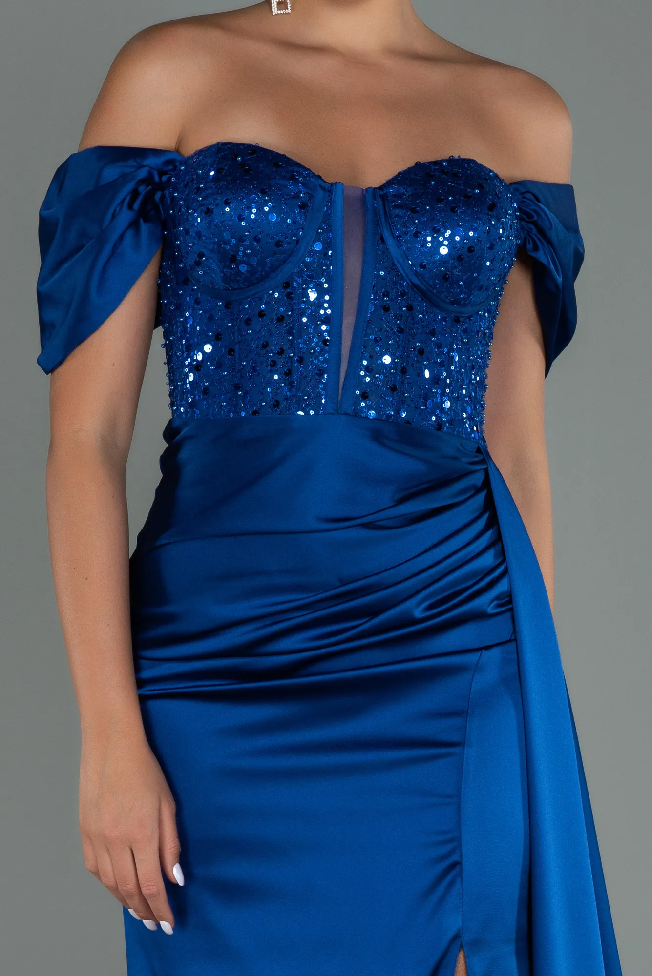 Sax Blue-Long Satin Evening Dress ABU3100