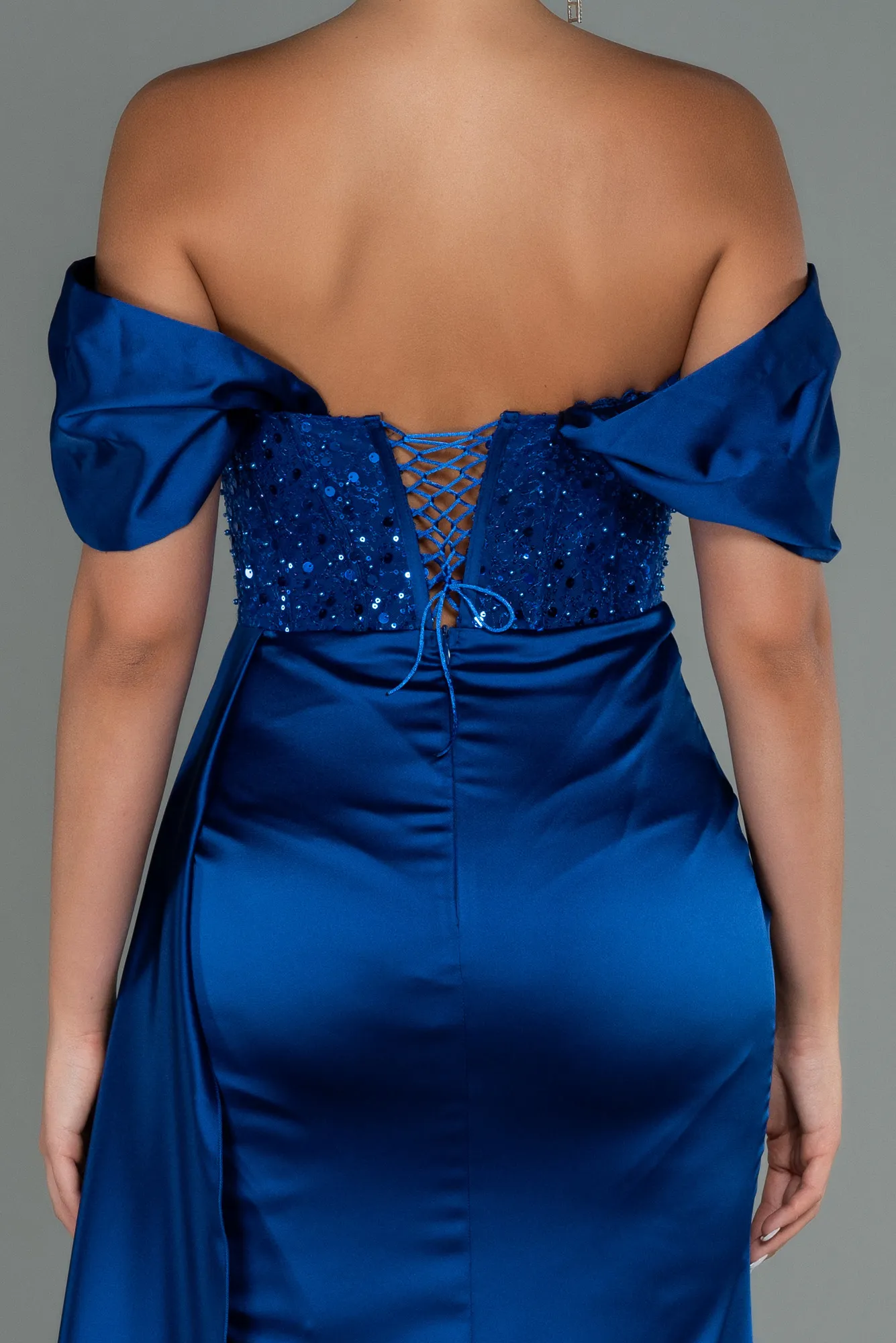Sax Blue-Long Satin Evening Dress ABU3100