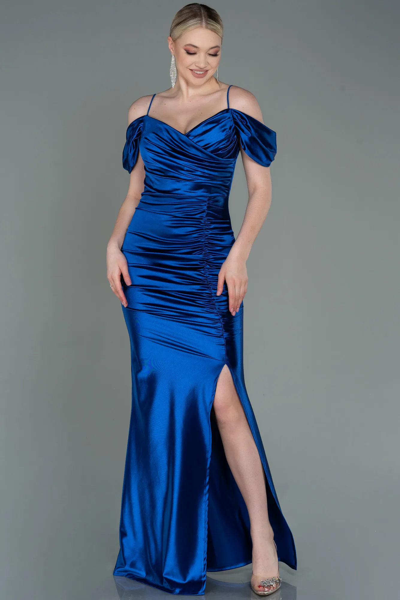 Sax Blue-Long Satin Evening Dress ABU3139