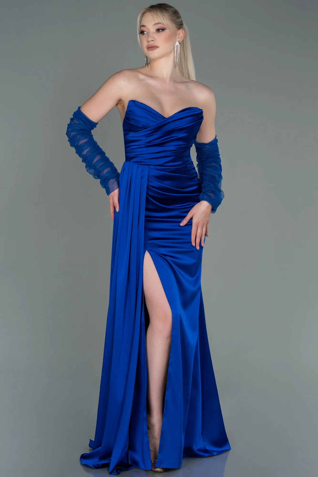 Sax Blue-Long Satin Evening Dress ABU3175