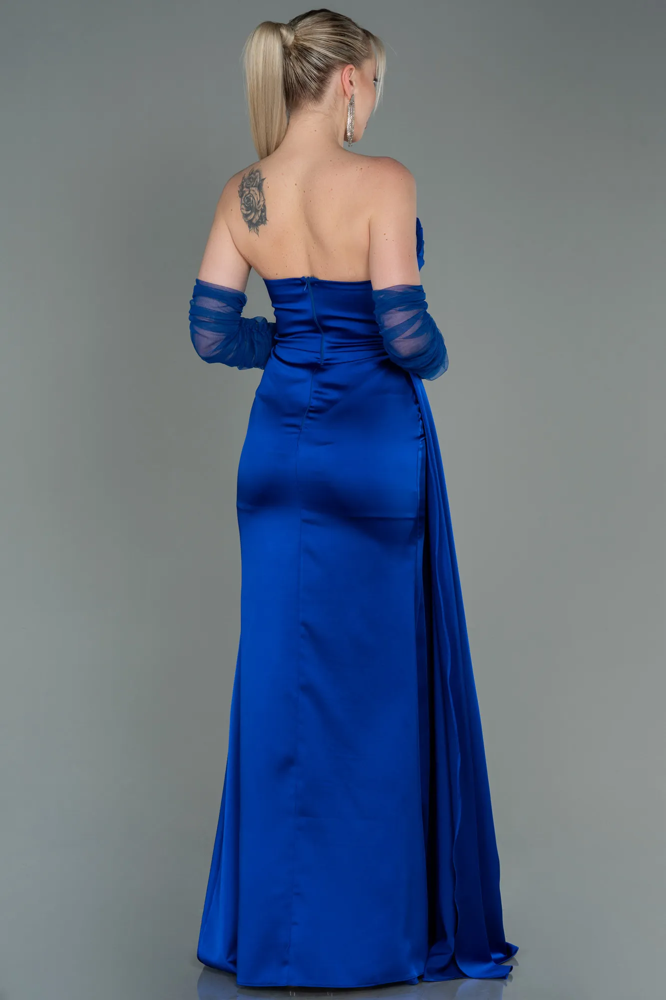 Sax Blue-Long Satin Evening Dress ABU3175