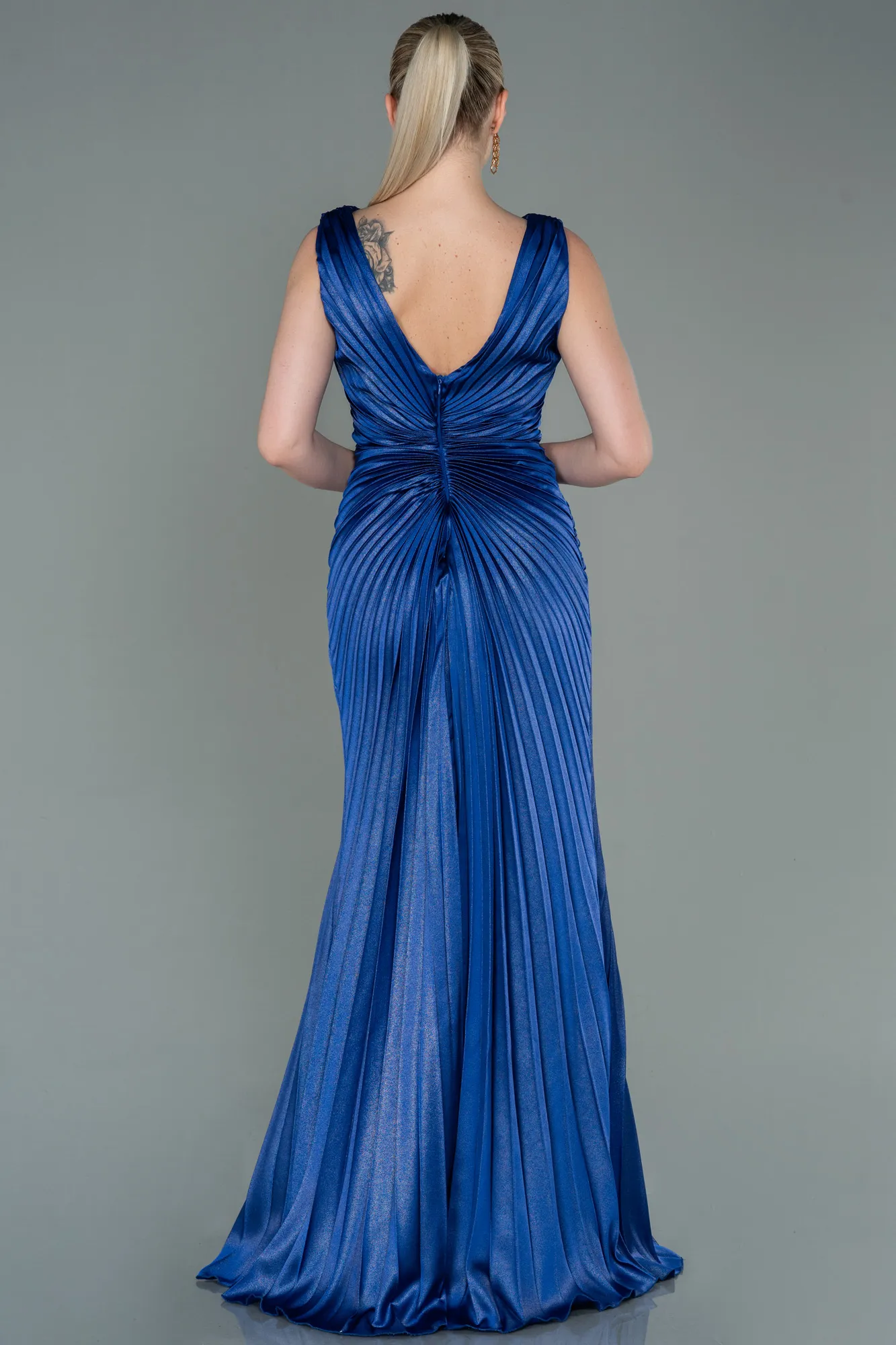 Sax Blue-Long Satin Evening Dress ABU3183